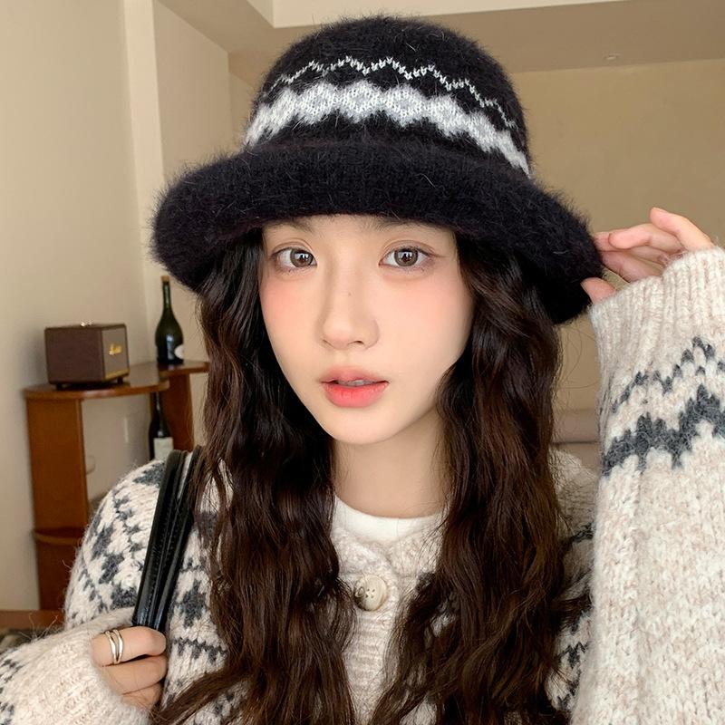 Jacquard Curled Fisherman Hat Women's Winter Windproof Retro Fashion Versatile Warm Ear Protection Knitted Basin Hat