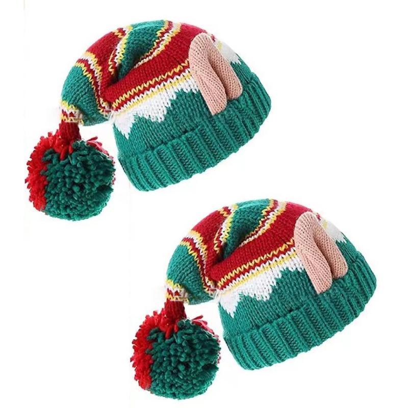 Knit Christmas Hat Christmas Beanie Hat PomPoms Hat Knitted Beanie Hat Warm Skull Hat Christmas Party Hat Adult/Kid
