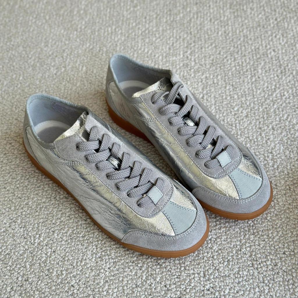 Sheepskin Version Xiaoxiangfeng Genuine Leather Shoes Thick-soled Silver German Training Shoes Women's Lace-up Versatile Single Shoes Casual Sports B