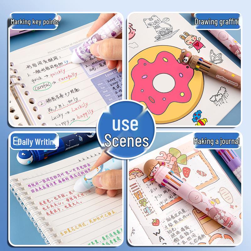 Ten-Color Cartoon Click-Action Multi-Functional Ballpoint & Marker Pen for Students