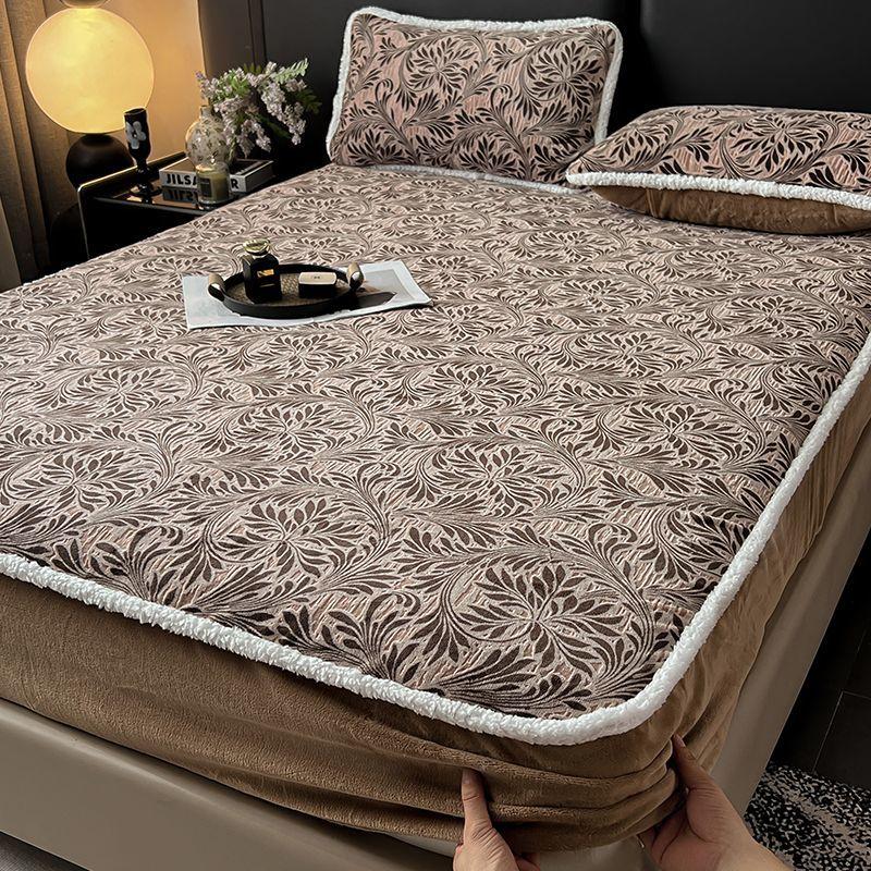 Home carved milk velvet fitted sheet single piece winter plus velvet mattress protector cover full cover bed