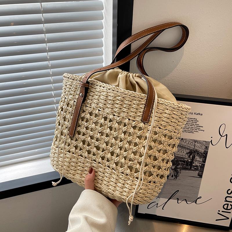 Summer Woven Straw Bucket Bag for Women Travel Beach Bags Armpit Bags Bohemia Knitted Shopping Totes