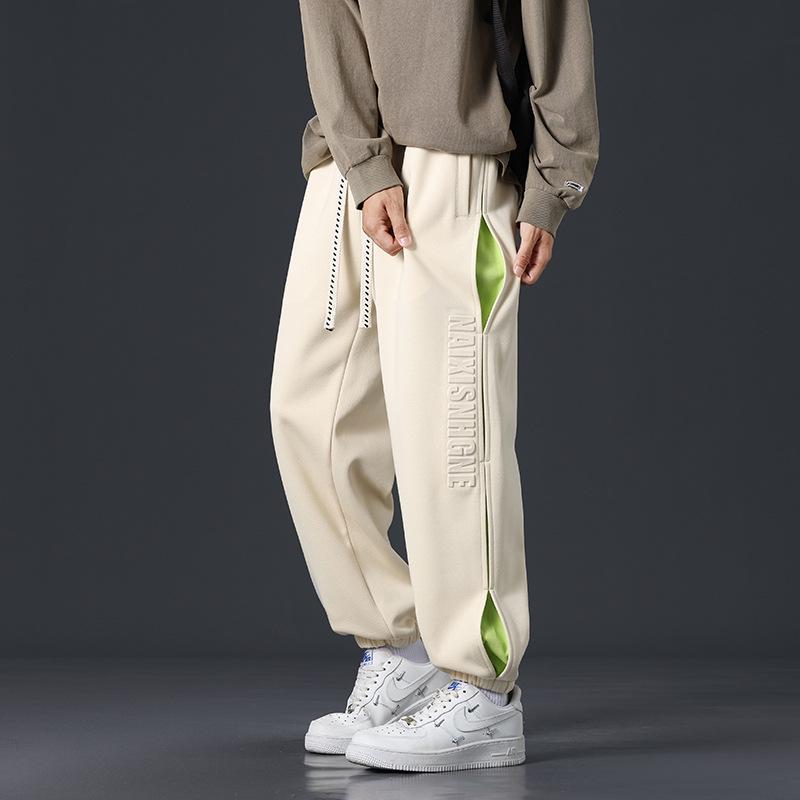 Men's Fleece-Lined Slim-Fit Cuffed Sweatpants - Thick, Stylish, Large Size, Steel Stamp Design for Autumn/Winter