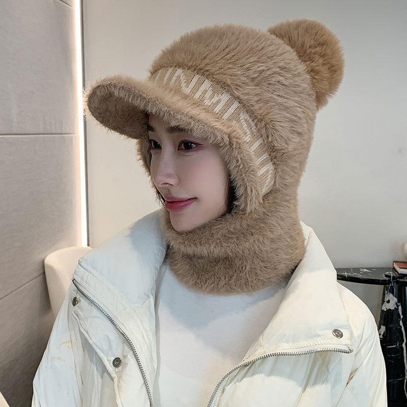 Plush thread, scarf, one-piece peaked cap, women's winter wind-proof neck cover, one-piece knitted hat, outdoor cycling hat