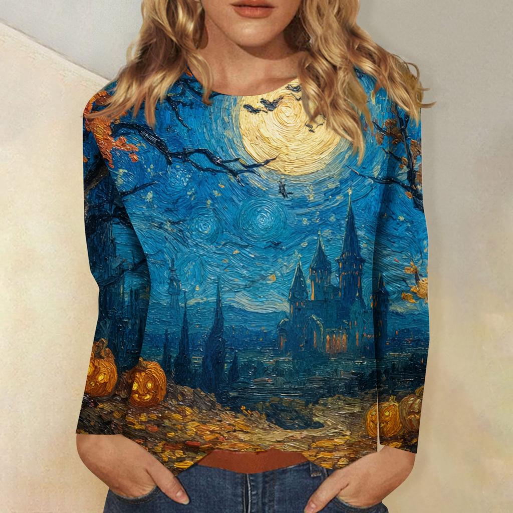 Women's long-sleeved loose-necked Halloween print casual top , suitable for holiday parties