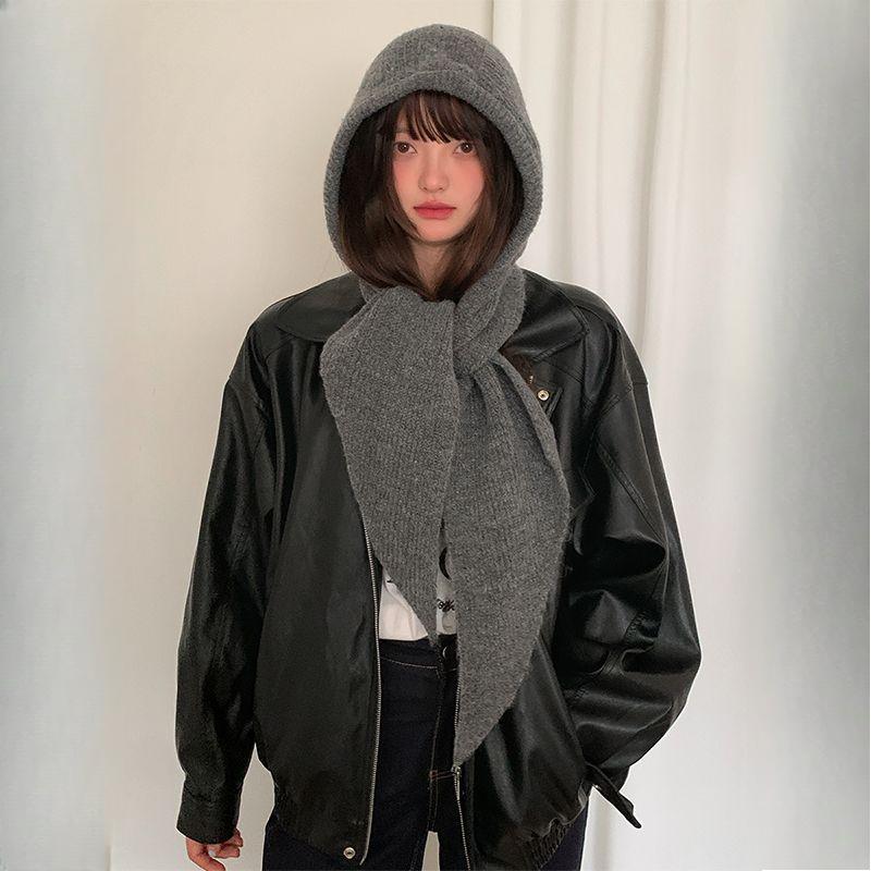 

Осенне-зимняя утолщенная теплая нишевая вязаная шапка с интегрированной шапкой и шарфом One Size