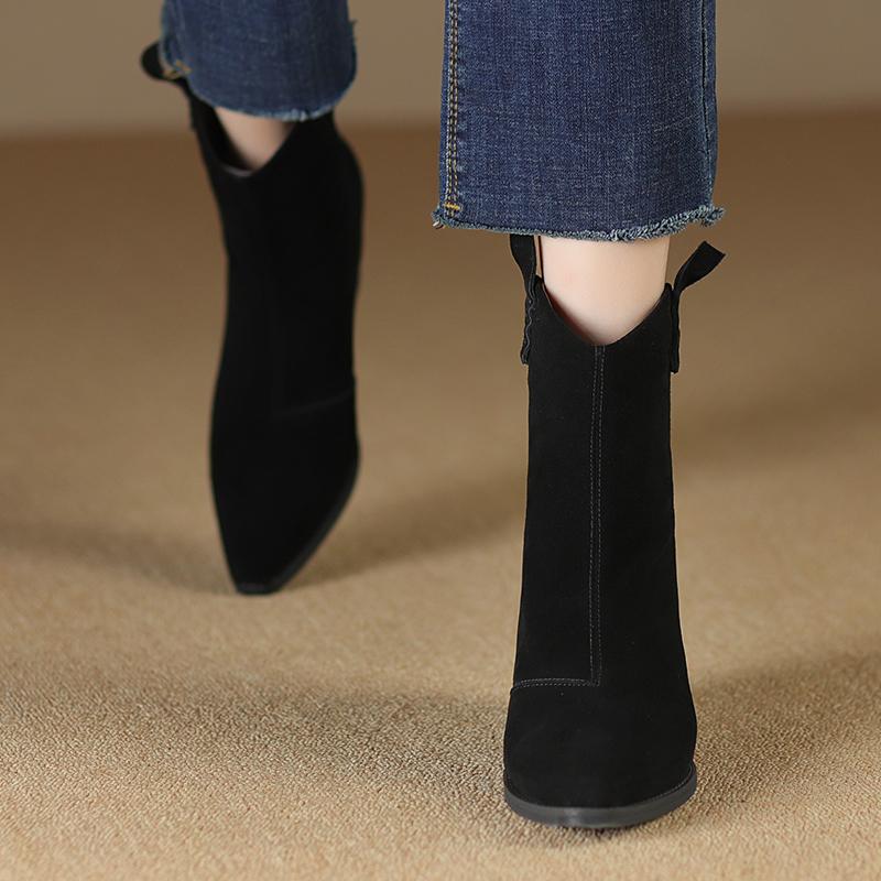 Fashion 2024 New Autumn Winter Genuine Leather Women Boots Fashion Pointed Toe Chelsea Boots Chunky High Heels Women Shoes Ankle Boots