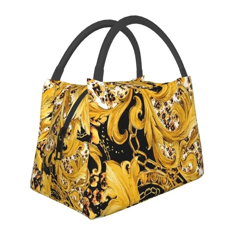 Luxury Golden Europe Floral Insulated Lunch Bag for Work Office Leakproof Thermal Cooler Lunch Box Women