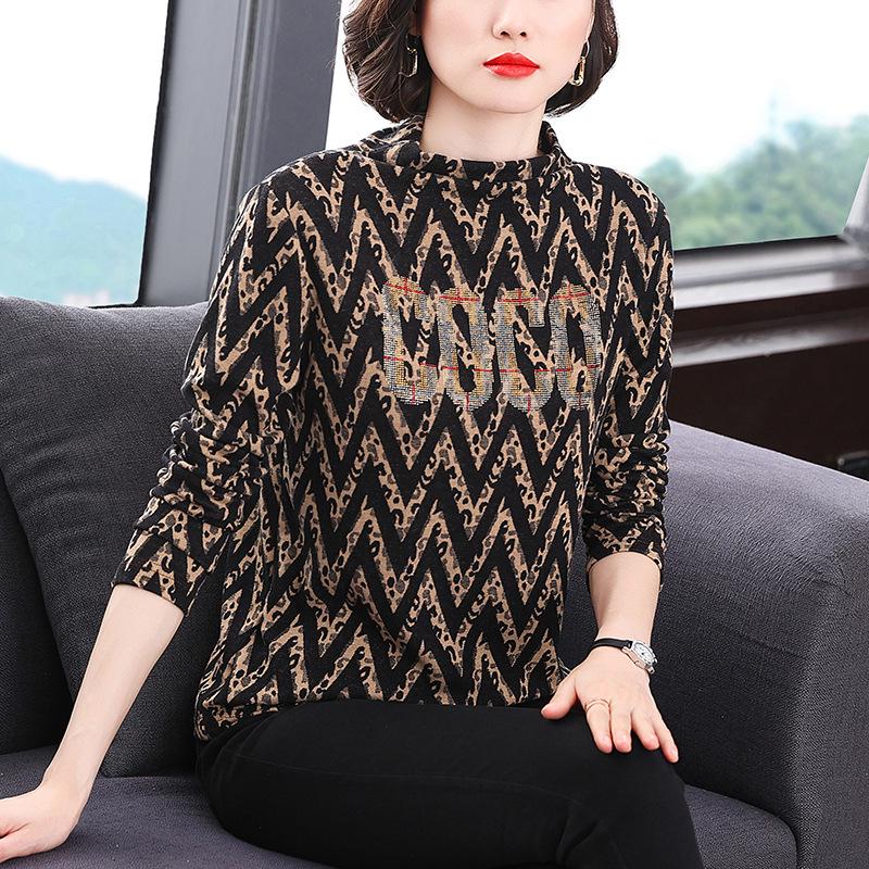 2022 Autumn/Winter Diamond Accent Plus Size Long Sleeve Half-Turtleneck Top for Women