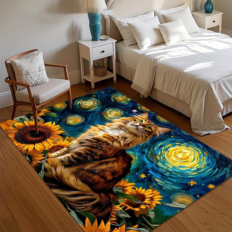Starry Night Maine Coon Cat Area Rug Van Gogh Inspired Sunflower Design Non Slip Washable Floor Carpet for Living Room Entryway 40X60cm
