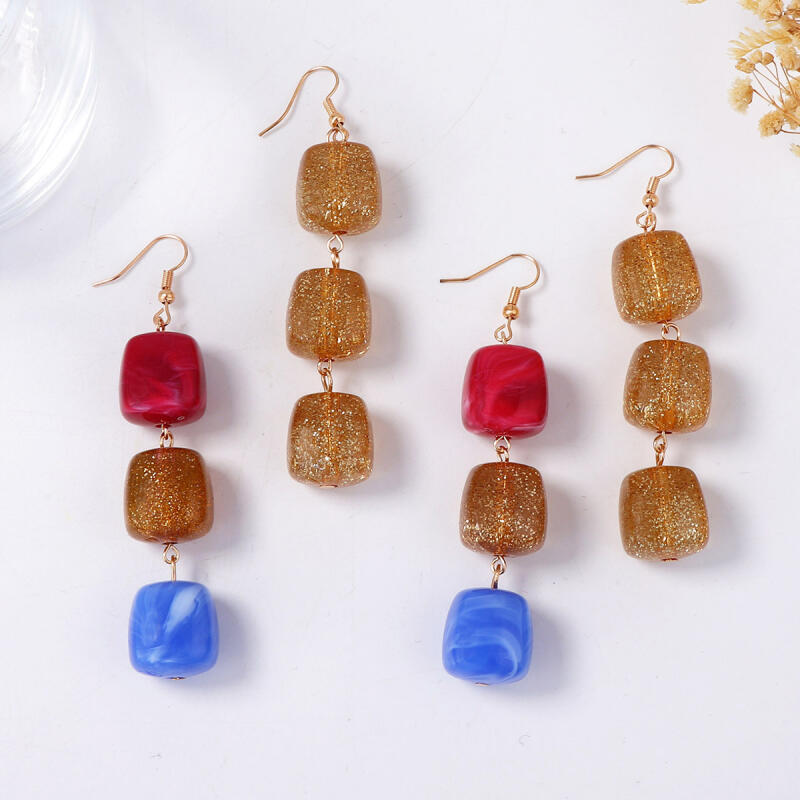 Geometric Square Color Resin Splicing Drop Earrings for Women Ladies Trend Ethnic Style Hook Earrings Holiday Jewelry Wholesale
