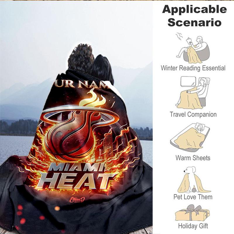 1PC Custom Name Blanket Heat Miami Team Spirit Flannel blankets Patterns Throw Blanket All-Season Soft Gift for Couch, Bed, Camping, Birthday gifts