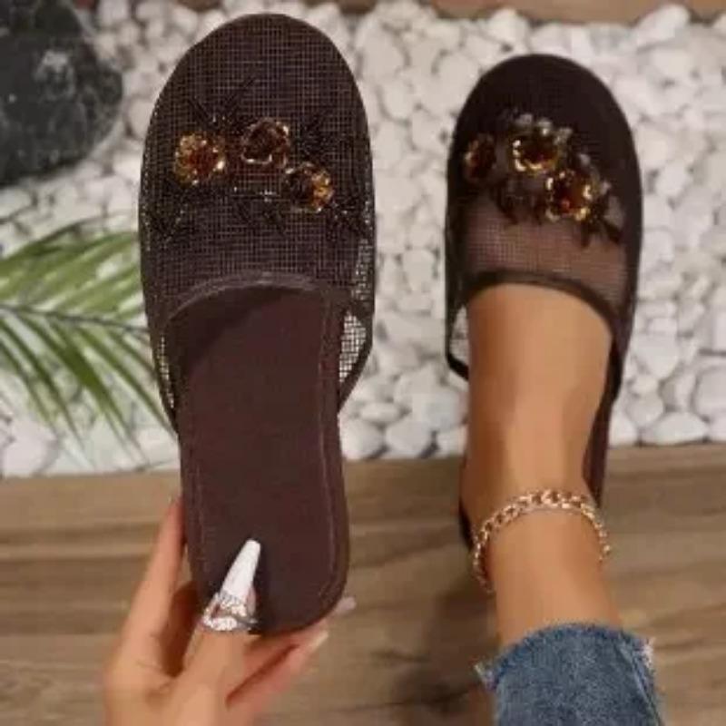 

Женская обувь с закрытым носком женские тапочки сетчатые дышащие повседневные сетчатые женские цветочные туфли на плоской подошве с наружными женскими сандалиями 41