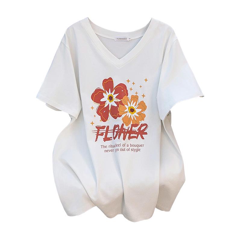Plus Size Women's Slimming V-Neck Mid-Length Short-Sleeve T-Shirt