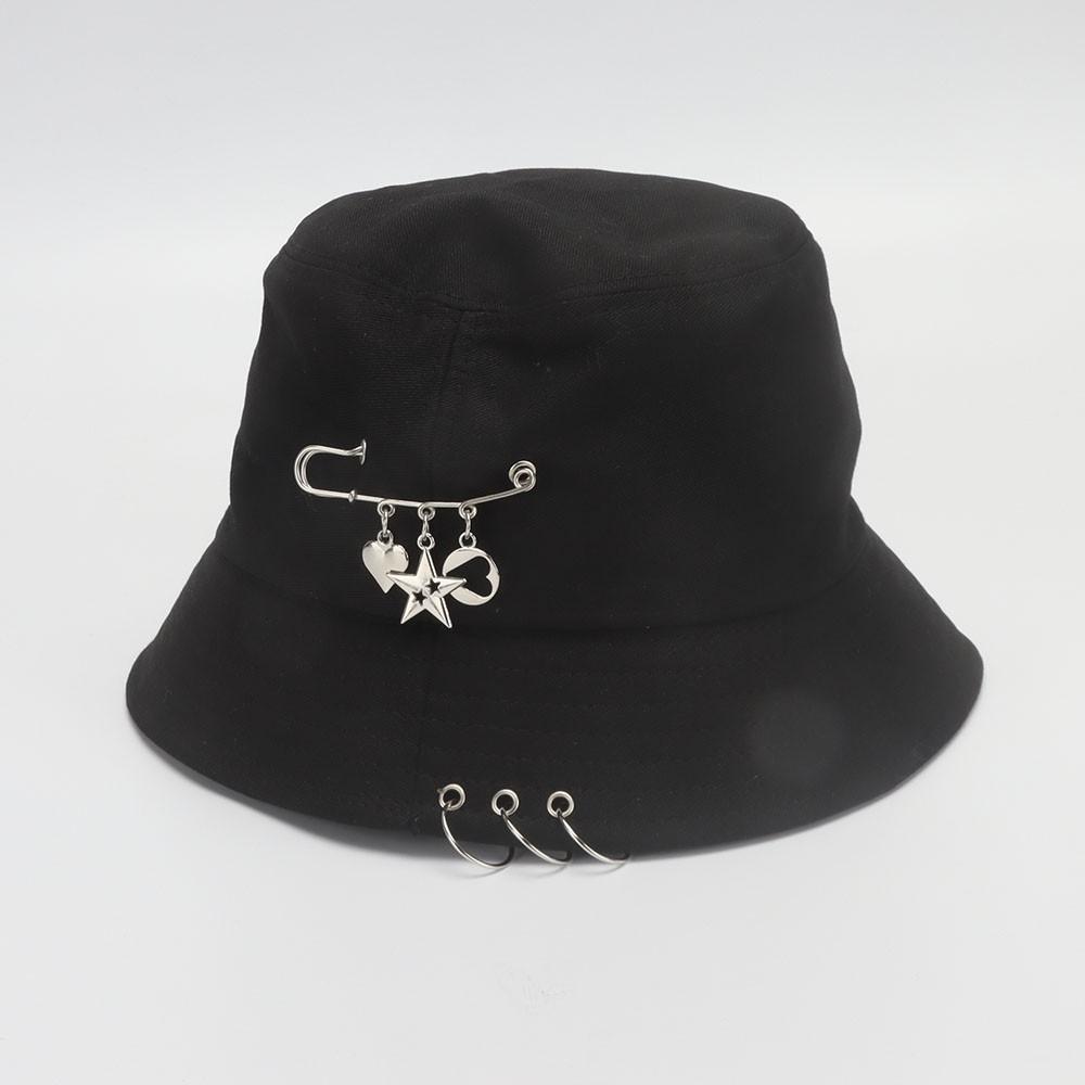 Bucket Hat Women Men Unisex Folding Fisherman Hat Black Metal Ring Flat Top Hip Hop Hats For Women Summer Solid Color Gorro New
