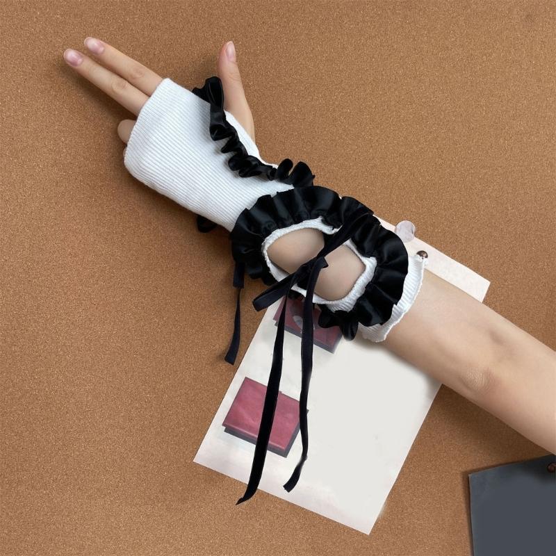 Lolitas Crinkled Hollow Out Gloves Satins Lace Ribbon Adjustable Wrist Sleeves For Women Party Fashion Accessories