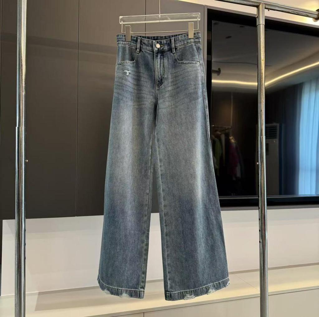 25 Spring Vintage High-Waisted Distressed Washed Slimming Wide-Leg Straight Jeans