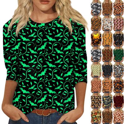 Damenmode Lässiges Rundhals-T-Shirt mit 3/4-Ärmeln und lockerem Aufdruck