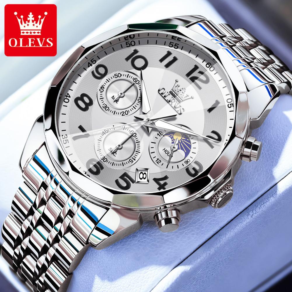 OLEVS 3676 Quartz Movement Watch For Men Classic 24-hour Moon Phase Luminous Function 30M Waterproof Calendar Window Watch
