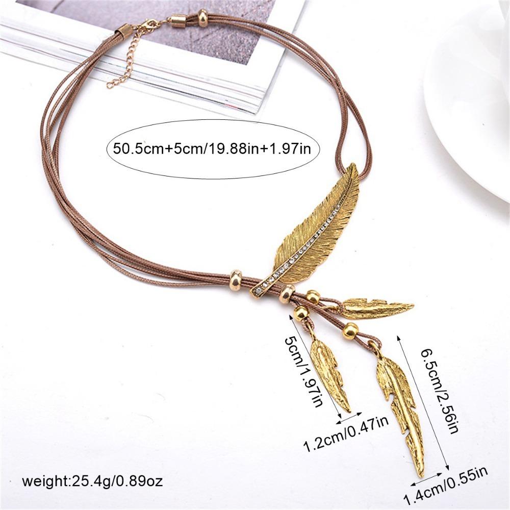 Rhinestone Leather Rope Tassel Necklace Zinc Zinc Alloy Leaves Neck Pendant Golden Feather Necklace  Couple