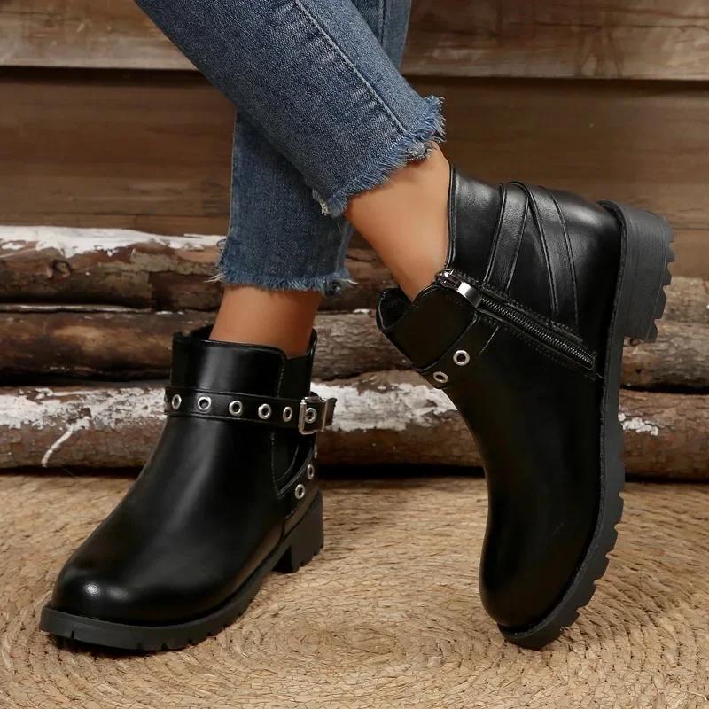 Round Toe Block Heel Boots Women's Fashion Winter Rivet Metal Buckle Anti-Slip Wear-Resistant Short Thigh Boots