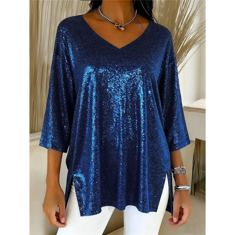 Новые модные женские свободные топы с V-образным вырезом, рукавом три четверти и разрезами, повседневная блузка в европейском стиле L синий