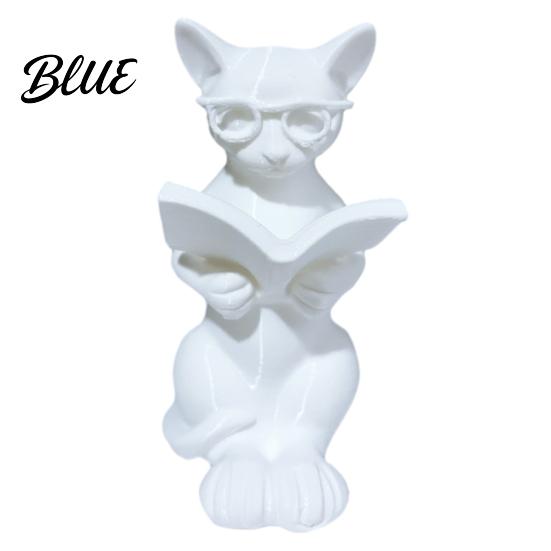 Durable Cat Sculpture 3D Printed Reading Statue Holding Book Glasses Figurine