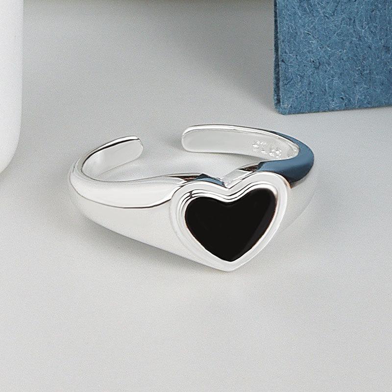 S925 Silver Black Heart Open Ring For Women Fashion Minimalist Cool Personality Index Finger Jewelry