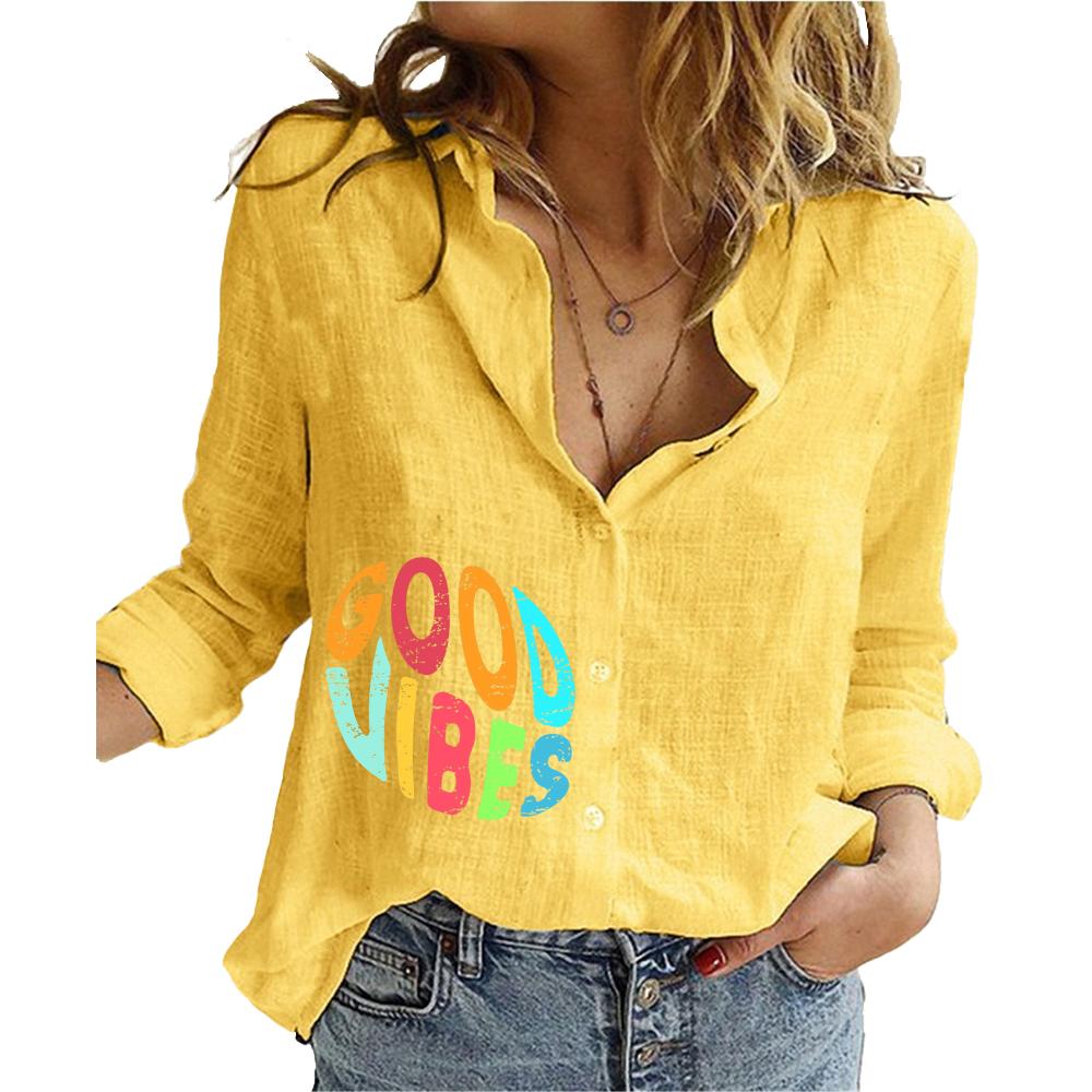 Women Fashion Cotton Linen Shirt Floral Print Long Sleeve Top Ladies Casual Stand-neck Buttoned Blouse