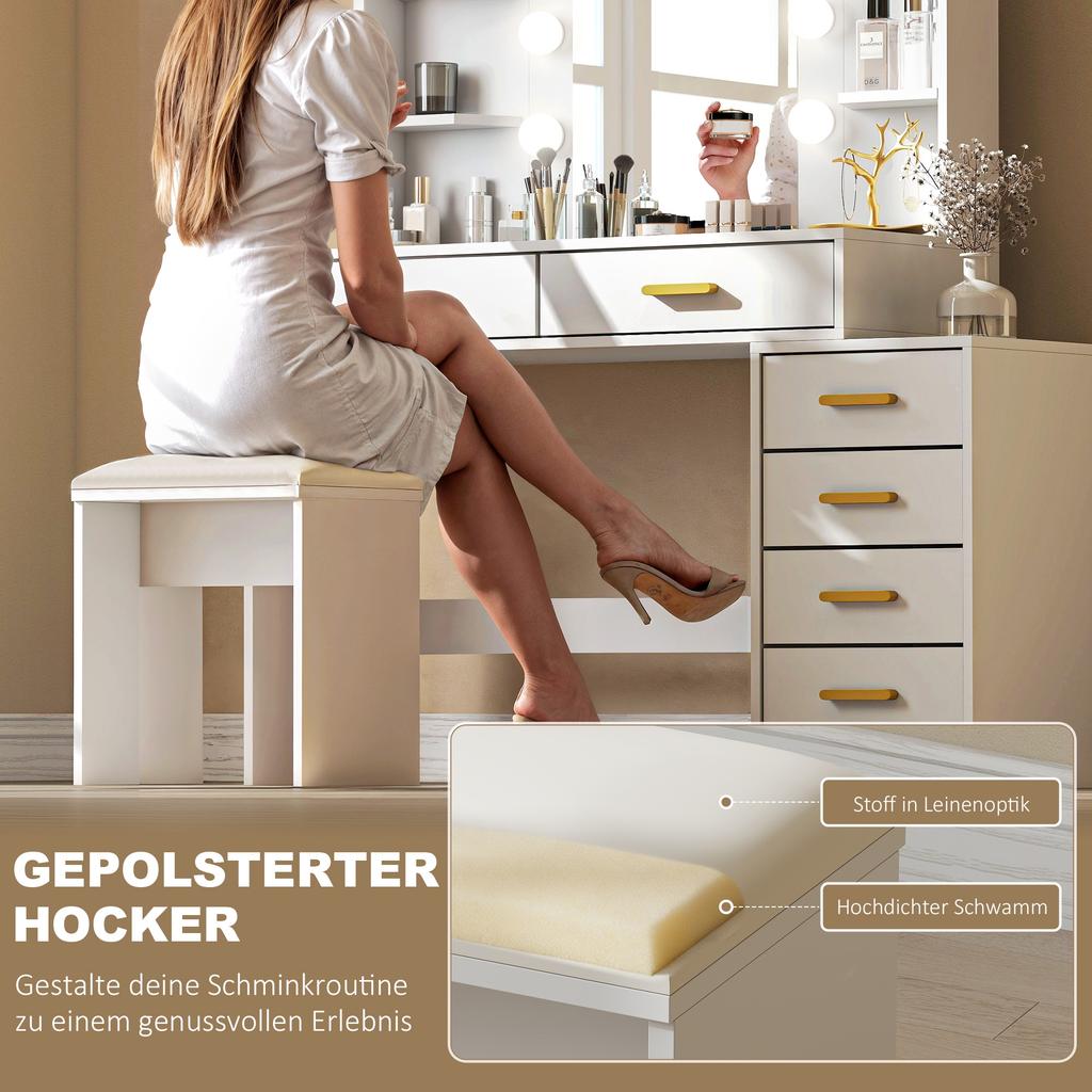 Vanity Table with Illuminated Mirror and Padded Stool, Vanity Set with 6 Drawers and Shelves, White