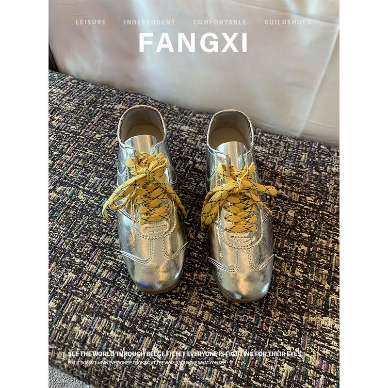 Sheepskin new spring and autumn ballet style silver inner height increase moral training shoes women's casual sports shoes lace-up flat baseplate shoe