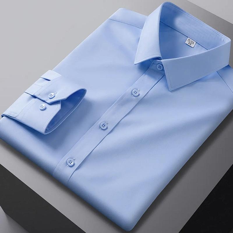 Camicia da uomo a maniche lunghe a tinta unita casual alla moda che non necessita di stiratura e resistente alle rughe, top business