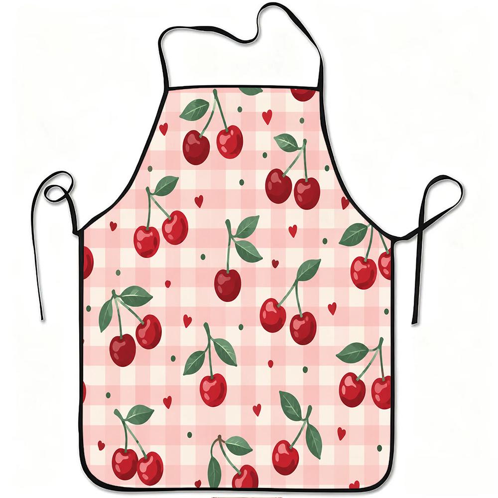 1pc Cherry Heart Checkered Print Apron, Durable And Easy To Clean, Adjustable Waistband, Polyester Material, for Kitchen Cooking, Gardening, Orchard P