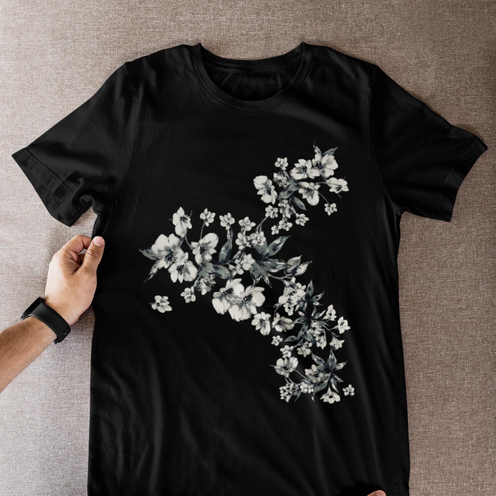 Cherry Blossom Watercolor Tee | Black Gray Floral Branch T-Shirt 2XL