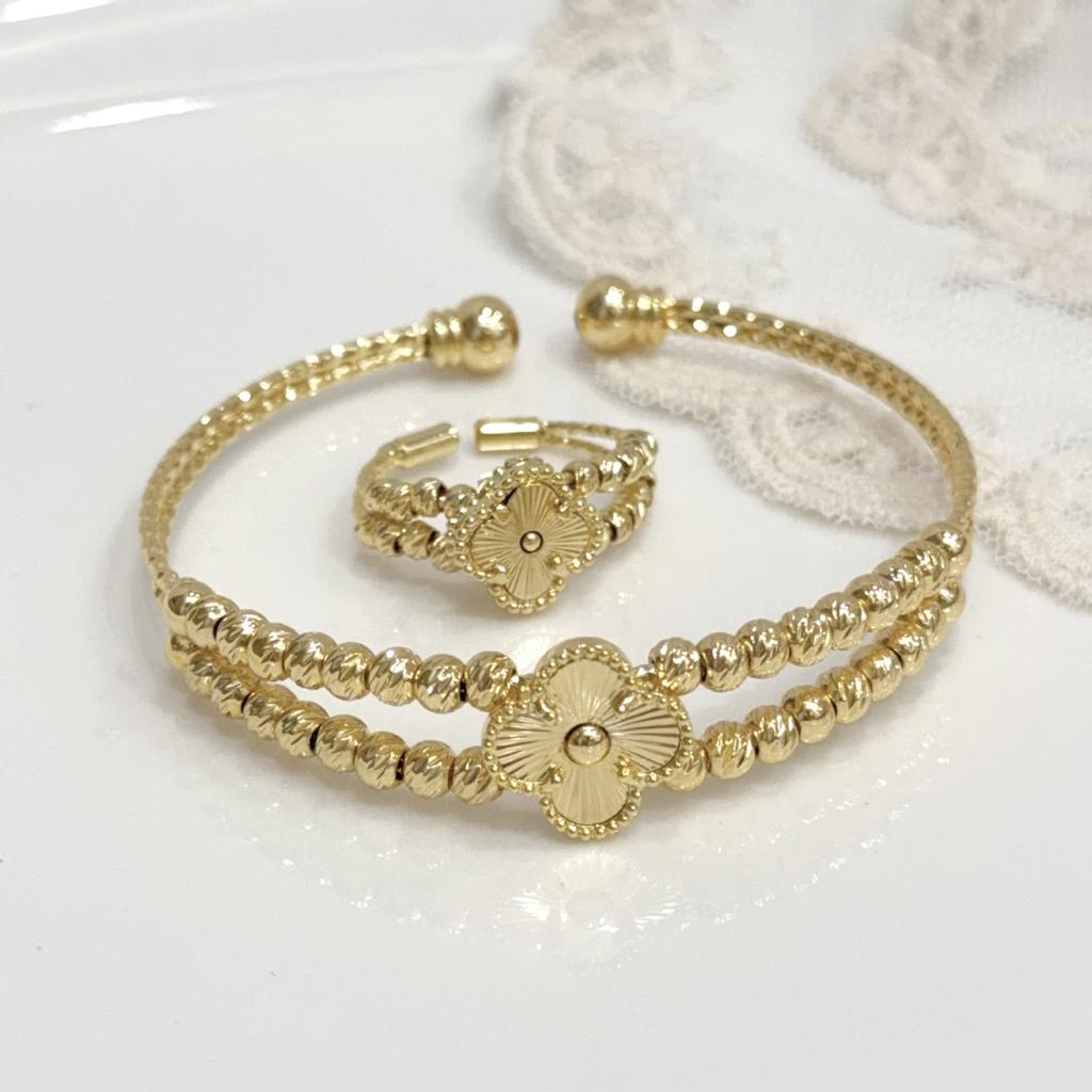 2PCS18K Gold Women's High-end Non Fading Jewelry Ins Four Leaf Clover Pure Copper Bracelet Ring Set