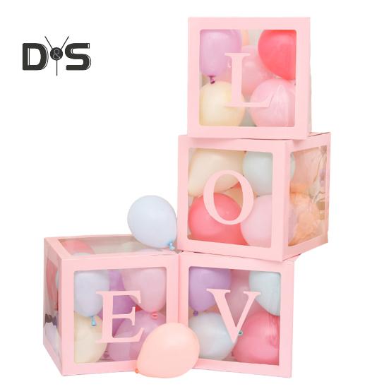 4 Stück Ballonbox zum Selbstzusammenbauen, transparente Papierbox, Ballonbox mit Buchstaben, wiederverwendbar, stapelbar, Würfel, dekorative Box für Party, Hochzeit, Geburtstag