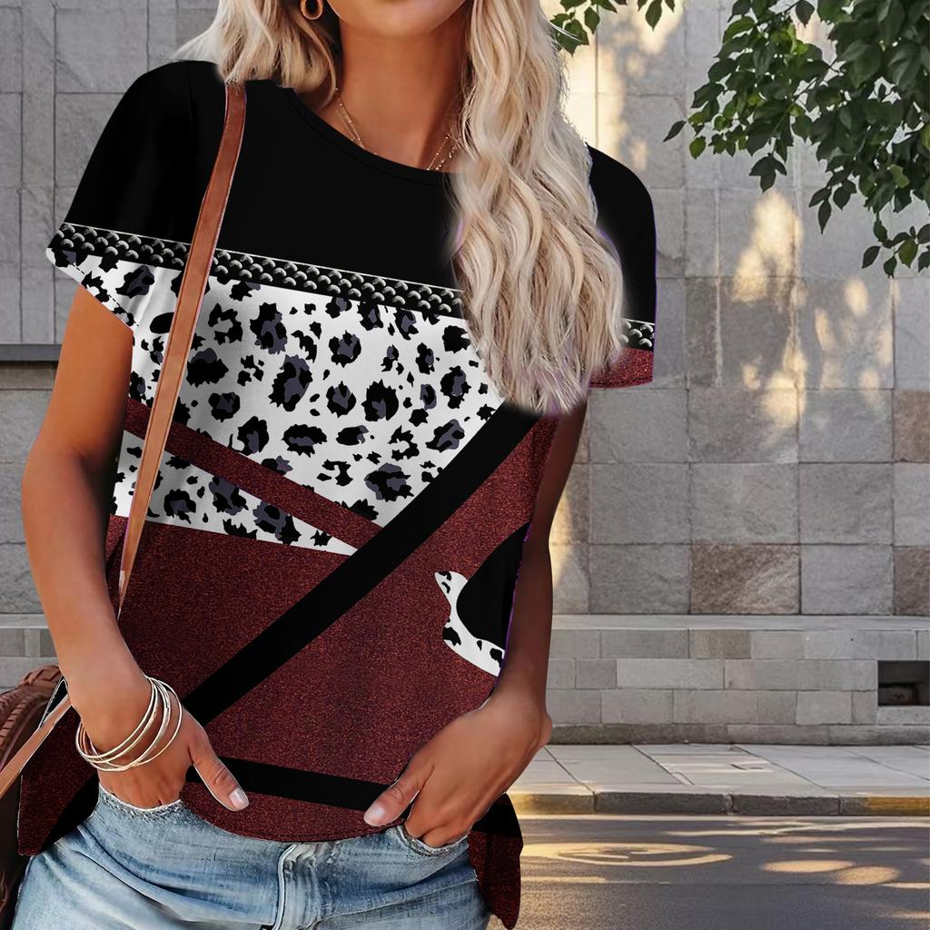 Women Summer T Shirt Leopard Print Print Retro Fashion Short Sleeve Tees Casual   Printed  Tops