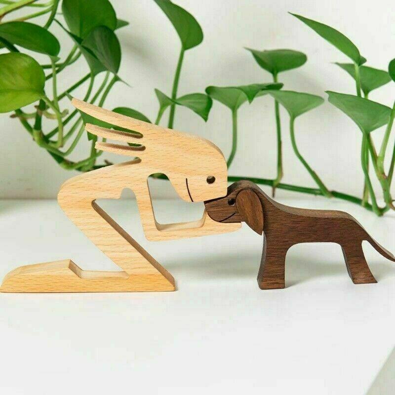 Hand Carved Wooden Unpainted Dog Human Carving Figurine Statue Unfinished Gift