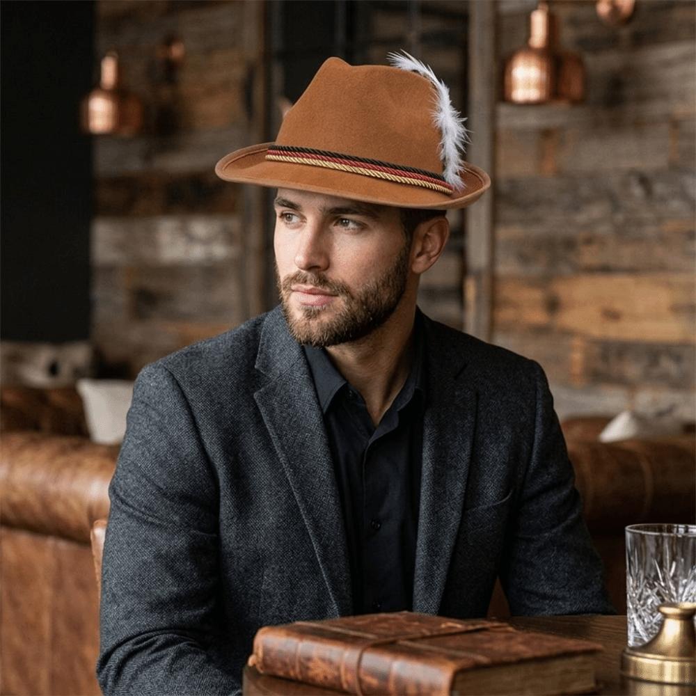 Structured Brim Bavarian Feather Hat Decorative Side Cord Panama Hat Fedora Hat  Halloween Party