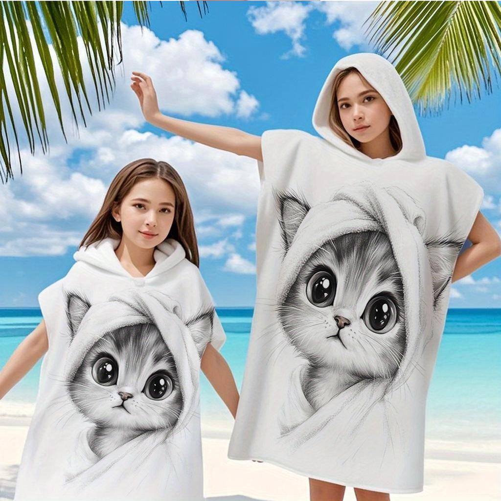 Cute Kitten Hooded Beach Towel 2D Oversized Quick Dry Sand Free Towel for Beach Pool Swimming Travel Soft Absorbent Towel Gift
