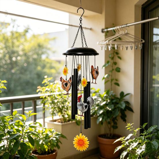 Chicken Wind Chime for Outside Rustic Metal Rooster Sunflower Wind Chime for Garden Patio Porch Lawn Yard Decor Gifts for Women Men Mother