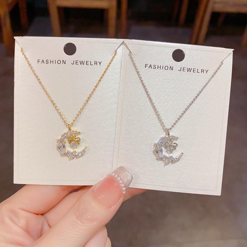 Trending Aesthetic Moon Jewelry Round Zirconia Earring Necklace Set Korean Fashion Jewelry Gold Plated Jewelry