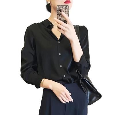 Women Shirt Lapel Long Sleeve Glossy Fabric Formal Shirt Top Buttons Closure Solid Color Smooth Business Date Shirt