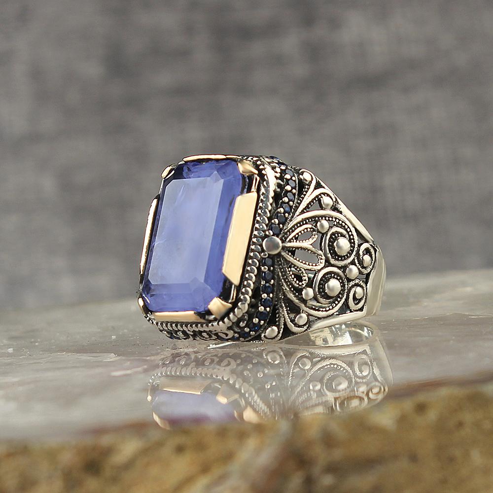 925 Ayar Gümüş Yüzük Erkek Özel Tasarım Mavi Paraiba Taşlı 925 Sterling Silver Man Ring