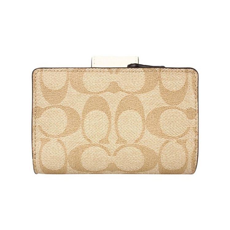 Coach Corner Zip 13 Button Folded Layered Leather Wallet Women Wallet Light-Brown White C0082-IMDQC
