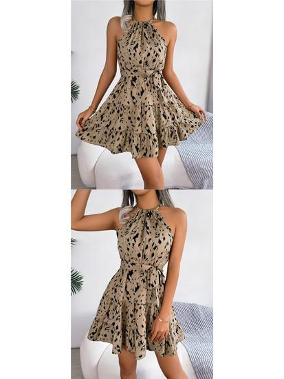 Leopard Print Ruffled Hem Halter Dress