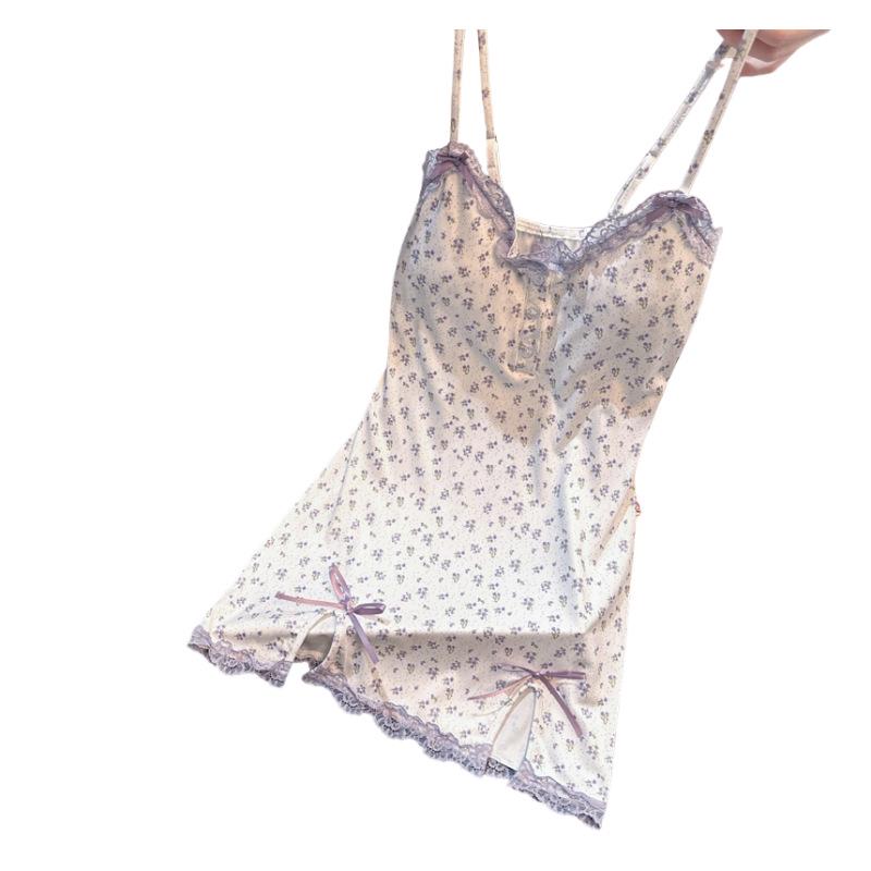 2025 Pure Desire Floral Women's Sexy Spaghetti Strap Lace Nightgown with Chest Pad and Short Slit