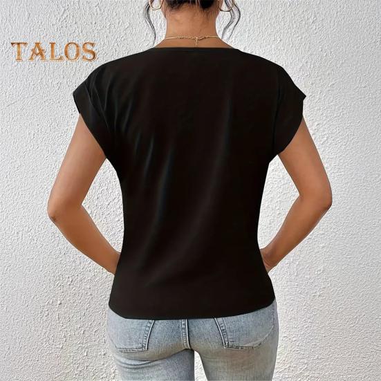 Dámské topy s výstřihem do V, s krátkým rukávem, s mačkaným designem, tričko jednobarevné, volného střihu, s křížovým plisováním, pro každodenní nošení