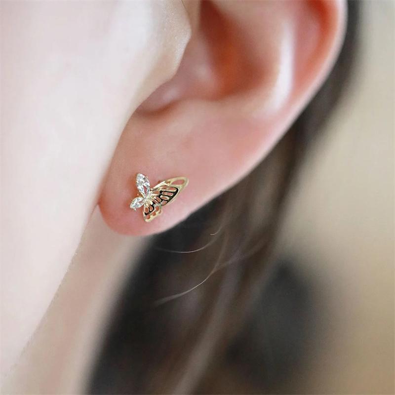 Huitan Fresh Gold Color Butterfly Stud Earrings Women Fancy Matched Earrings with Dazzling CZ Stone Aesthetic Female Jewelry New