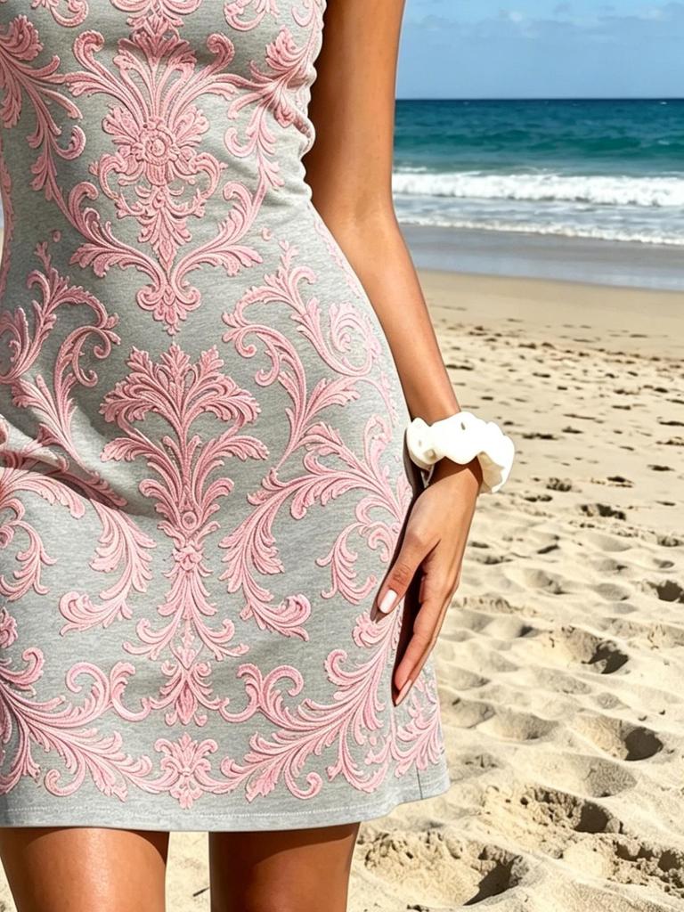 2026 Summer One Shoulder Pink Baroque Print Mini Dress, Grey Slim Bodycon Beach Sundress